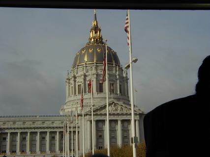 City Hall from the tour bus.  Quite surprised this one worked at all - was taken from the opposite side of a tour bus through the window<br>Location: <a href="https://www.google.com/maps/search/?api=1&query=37.77935,-122.4167" target="_new">Civic Centre Plaza</a>